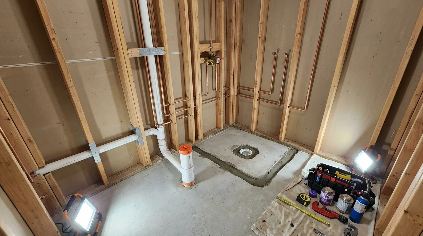 Bathroom rough-in plumbing during remodel by Johns Plumbing LLC in Eagle Point