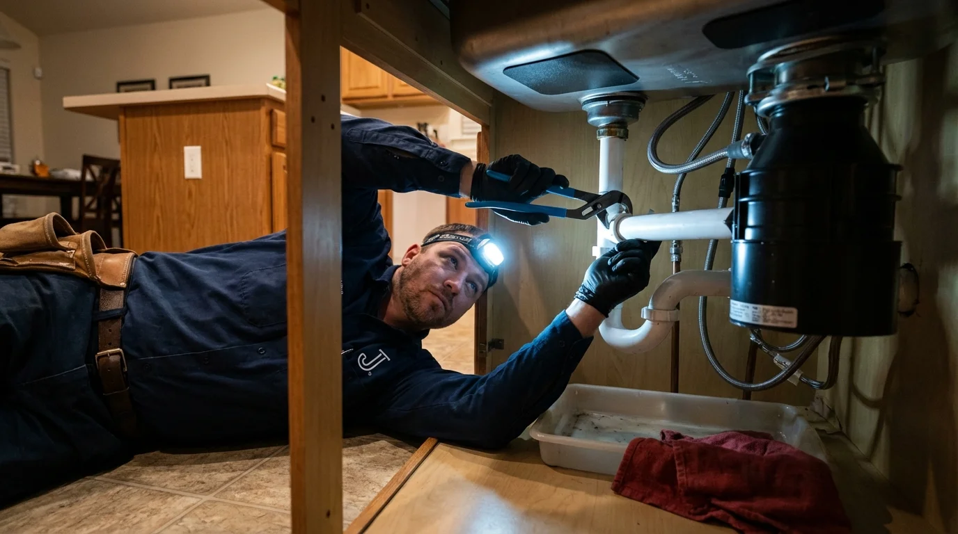 P-trap and supply line connections under a kitchen sink showing a common leak point in Eagle Point, OR